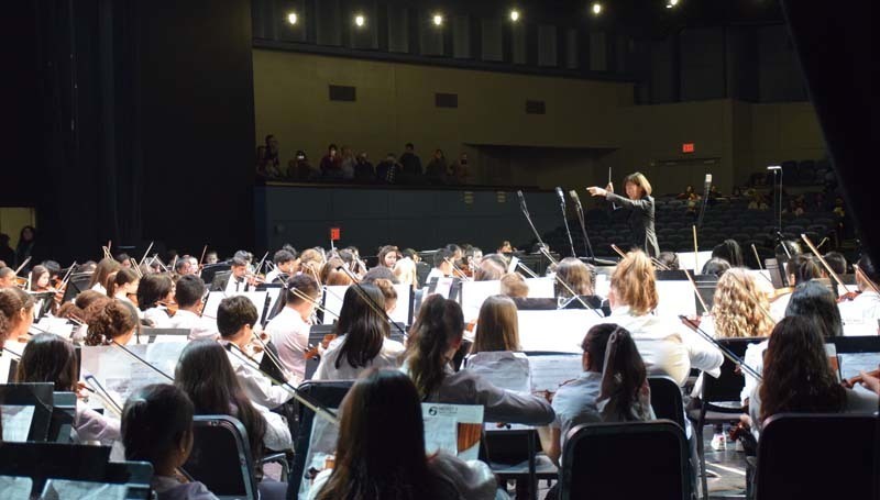 An orchestra performing while a conductor leads them