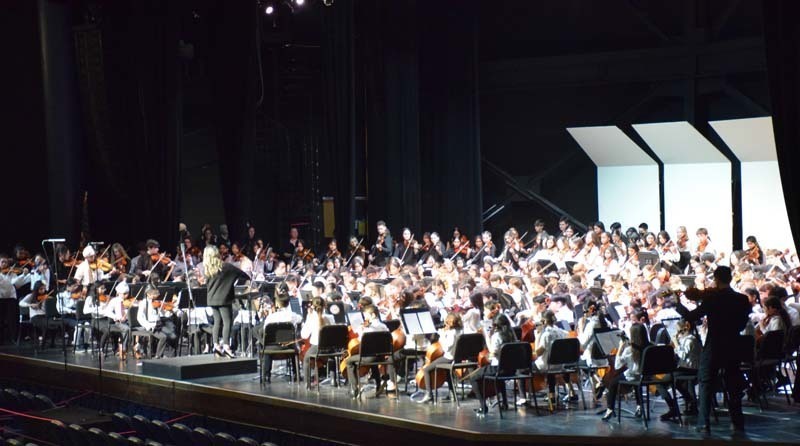 An orchestra performing while a conductor leads them