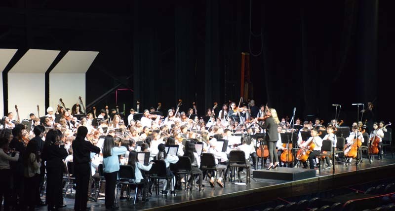 An orchestra performing while a conductor leads them