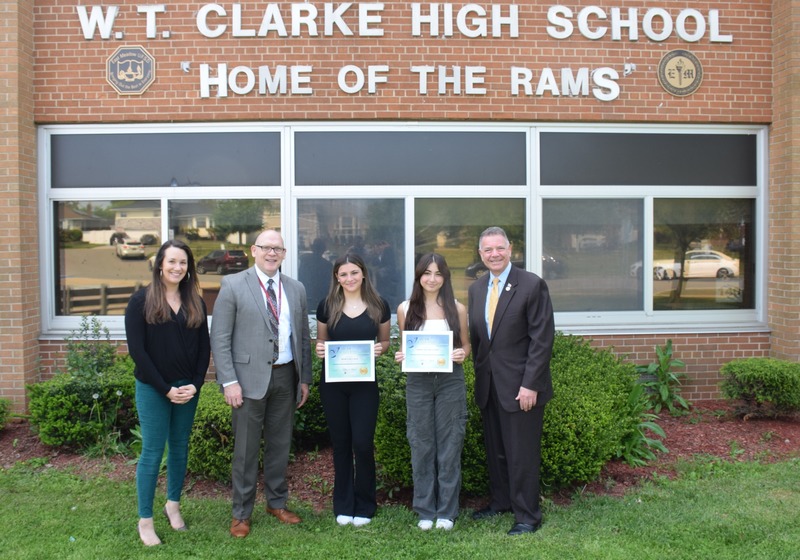 W.T. Clarke High School seniors Monica Dell’Olio, center, and Andreanna Moustakis, second from right, recently received the New York State Senate Youth Leadership Recognition Award from State Sen. Steve Rhoads, far right. Also pictured is W.T. Clarke High School Principal Timothy Voels and high school counselor Christine Milan. 